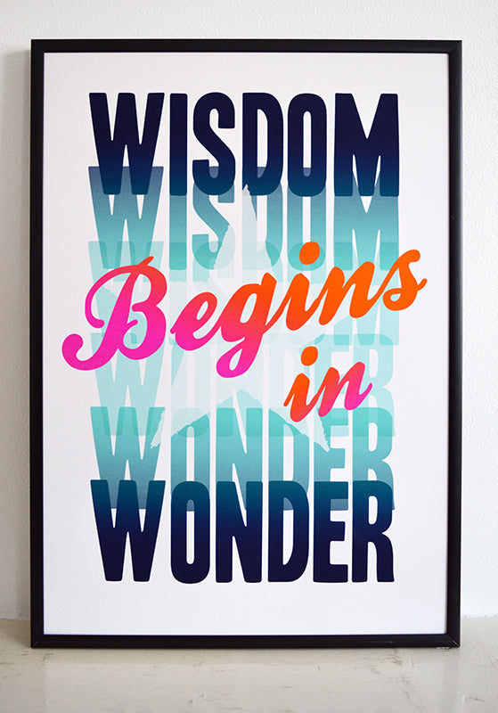 Wisdom Begins In Wonder. Socrates quote - art print by Pea Crabtree at Lucky Budgie Print Studio.  Signed, dated, open edition A3 giclee print on 220gsm paper.  AVAILABLE FRAMED.