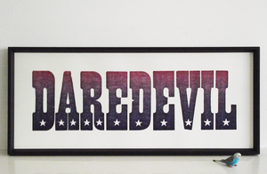 daredevil poster, letterpress print, laser cut lettering, stars, purple