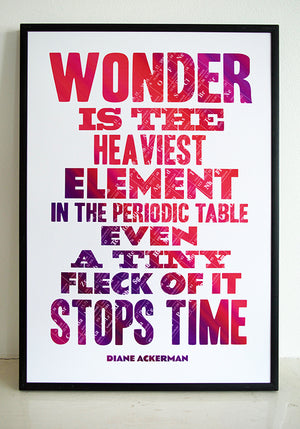 “Wonder is the heaviest element on the periodic table. Even a tiny fleck of it stops time.”  Diane Ackerman quote.  Signed, dated, open edition A3 size giclee print on 220gsm paper.