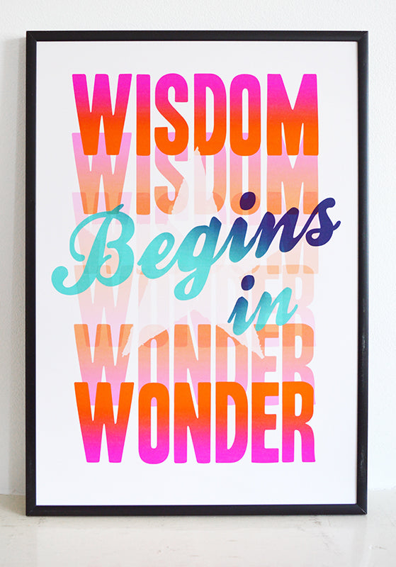 Wisdom Begins In Wonder. Socrates quote - art print by Pea Crabtree at Lucky Budgie Print Studio.  Signed, dated, open edition A3 giclee print on 220gsm paper.  AVAILABLE FRAMED.