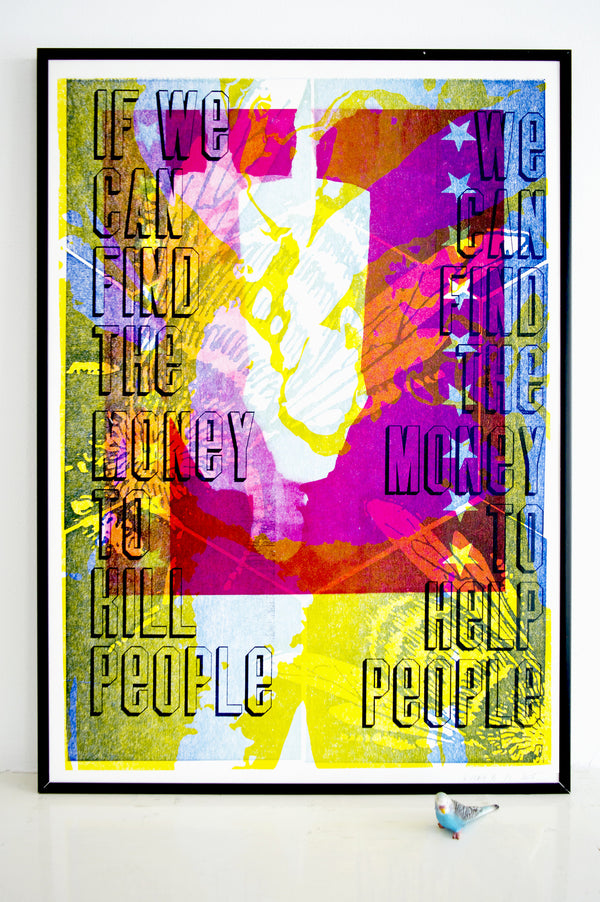letterpress print, abstract painting, tony benn quote, overprinting, vandercook, lucky budgie
