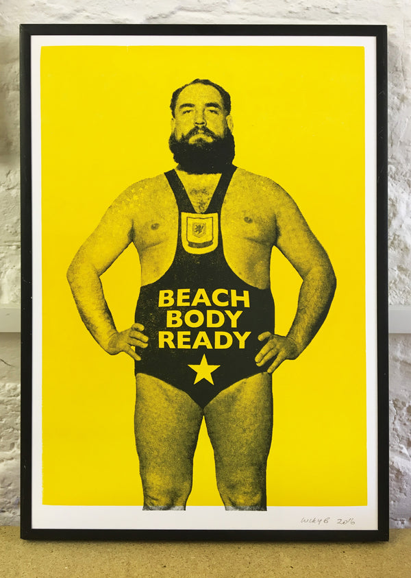 Beach body ready poster that has a wrestler with beach body ready on his leotard.
