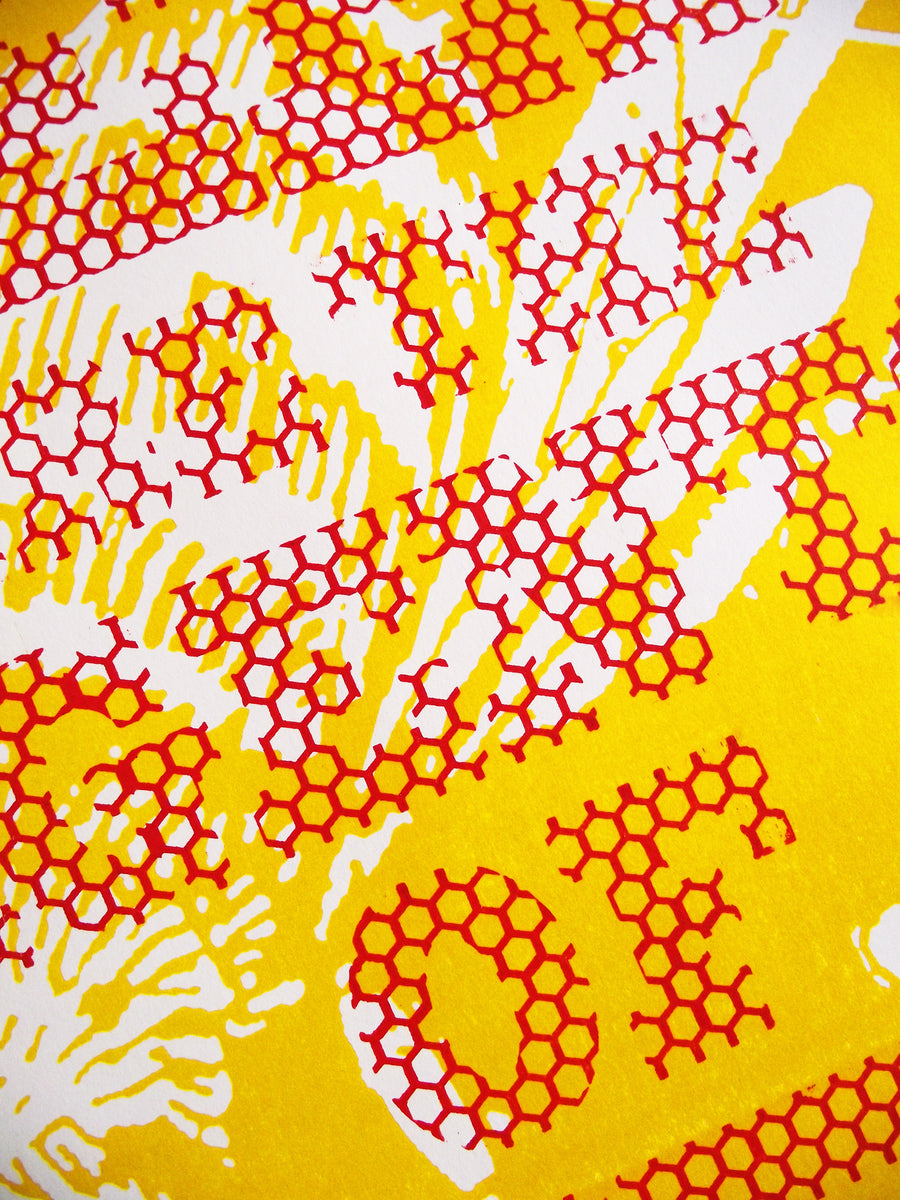 letterpress poster with bees are the agents of change written over a background of bees