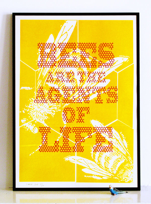 letterpress poster with bees are the agents of change written over a background of bees