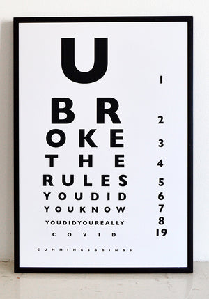 Test your eyes BEFORE you drive with this handy covid eye test chart. Guaranteed for journeys up to 250 miles.  Black and rainbow versions available.  Signed, dated, open edition A3 giclee print on 180gsm paper.  Buy framed or unframed.
