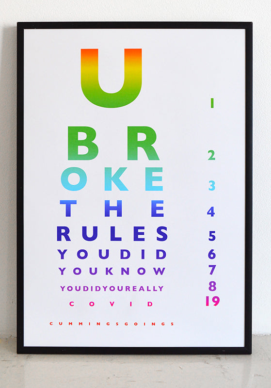 Test your eyes BEFORE you drive with this handy covid eye test chart. Guaranteed for journeys up to 250 miles.  Black and rainbow versions available.  Signed, dated, open edition A3 giclee print on 180gsm paper.  Buy framed or unframed.