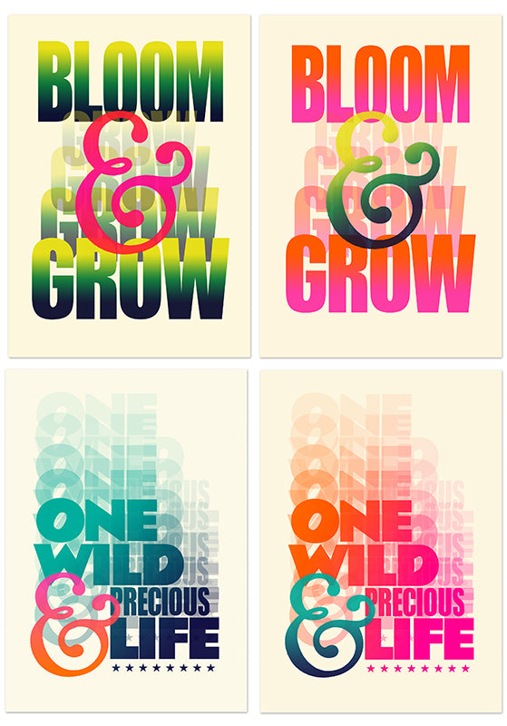 Bloom and Grow and One Wild Precious Life cards.  Set of 8 greetings cards (2 x each design)  Inside left blank, includes 8 x kraft envelopes.  A6 size on 350gsm heavyweight recycled stock. 