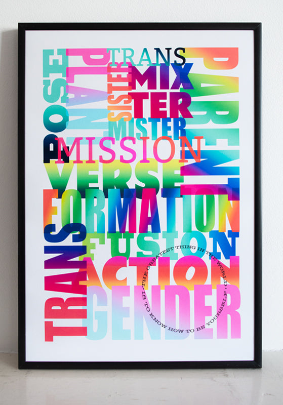Framed poster with words beginning with TRANS arranged in bright colours.