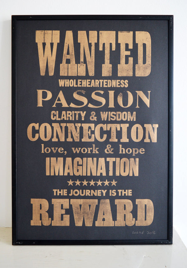 wanted poster, reward print, connection, passion, imagination, letterpress