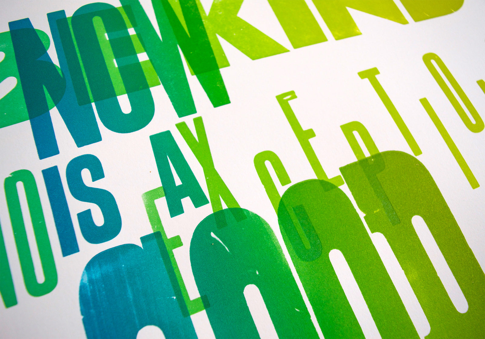 A2 poster that says Be Kind, no exceptions on a background that says now is a good place to start in blue and green ink