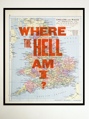 vintage map, map print, location, where the hell am i, pantone orange, typography, direction, letterpress, art print, vandercook